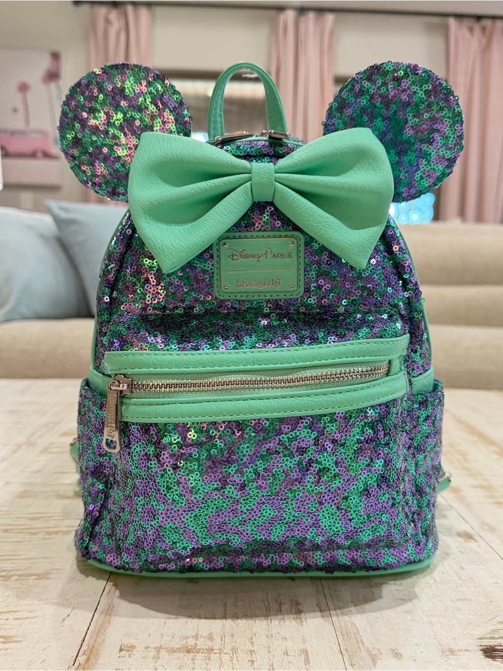 Loungefly Disney Parks Green & Purple Sequin Mouse Ear Mini Backpack Mint Bow